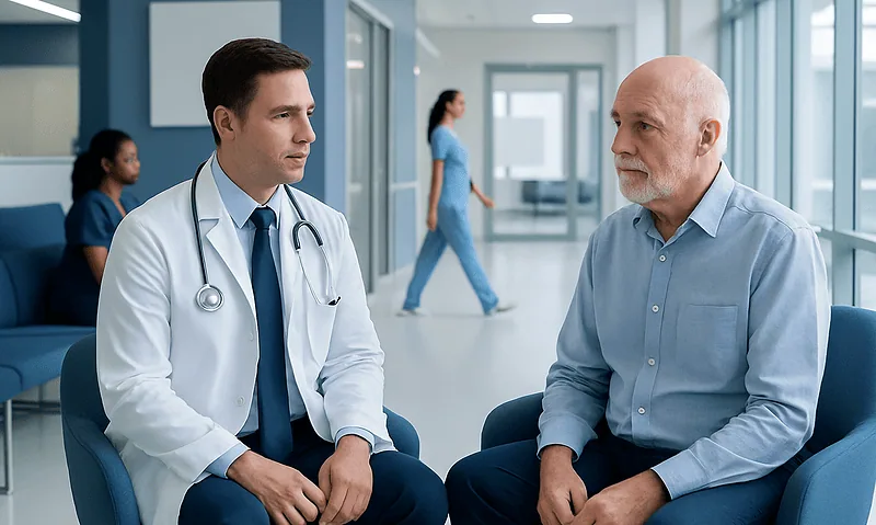 Doctor consulting with an elderly male patient in hospital corridor.