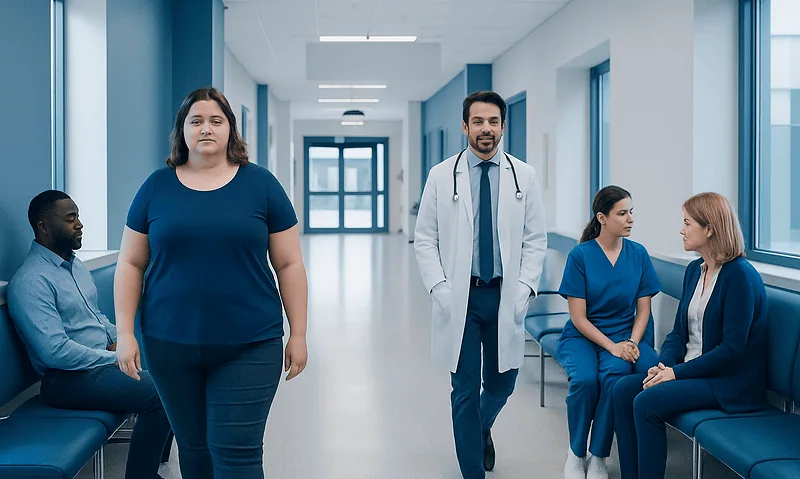 Diverse group of patients and doctor in hospital corridor.
