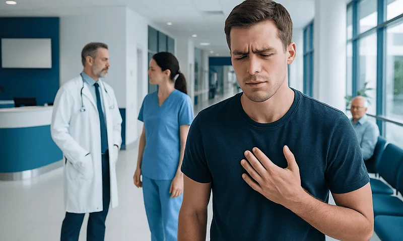 Young man experiencing chest discomfort in hospital corridor.
