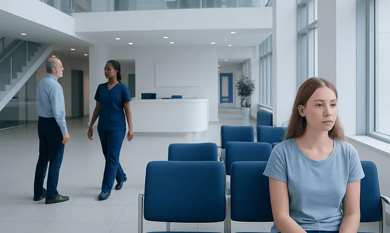 Young woman waiting in a modern hospital lobby with two staff members in the background.