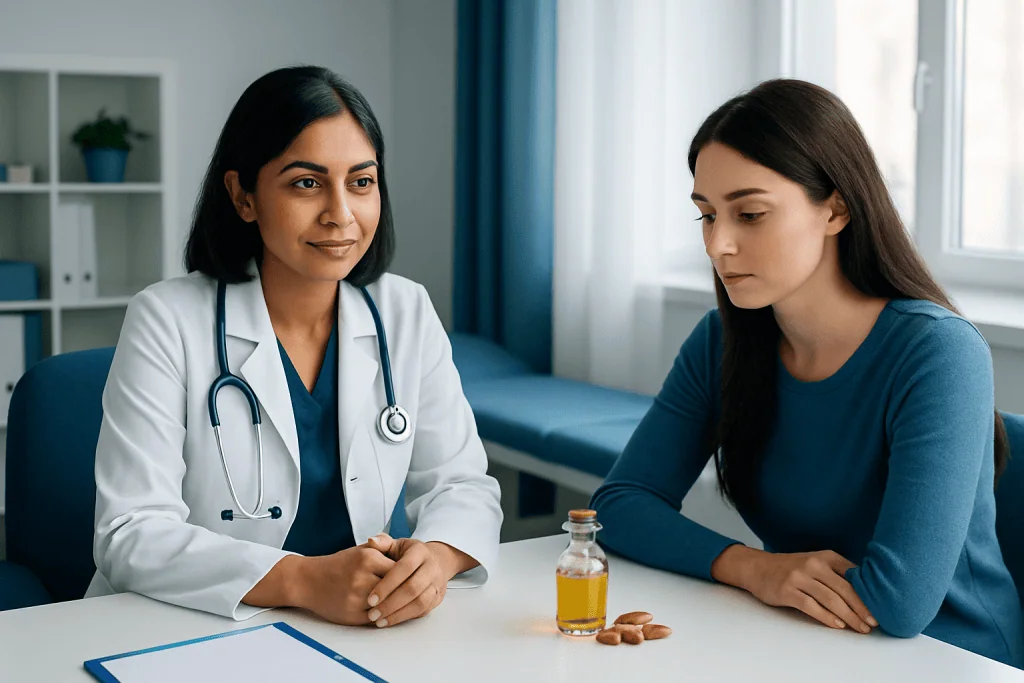 Doctor consulting a patient in a medical office with a stethoscope and medication.