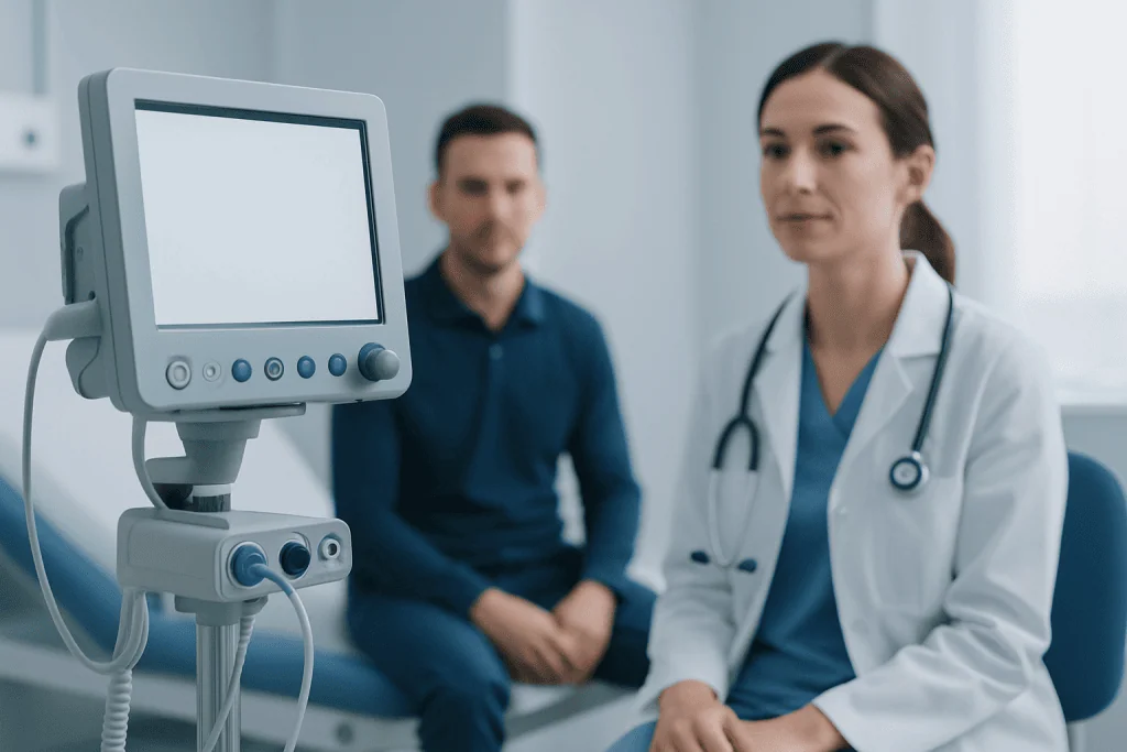 Doctor and patient in a medical consultation room with ultrasound equipment.