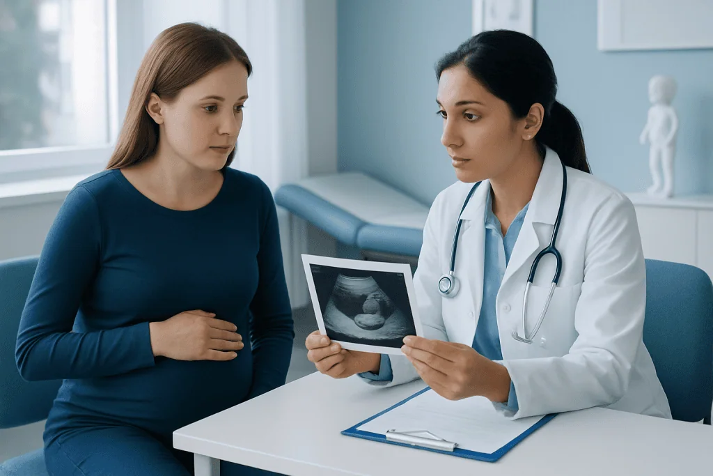 Doctor explaining ultrasound results to a patient in a clinic setting.