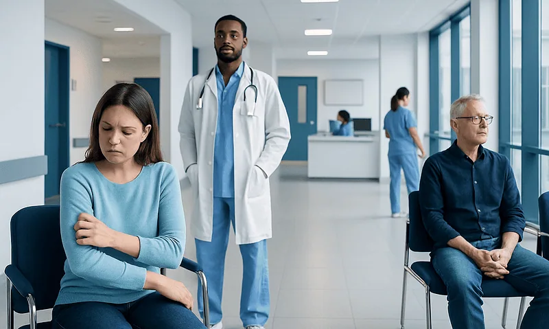 Patient experiencing discomfort in a hospital waiting area with medical staff nearby.
