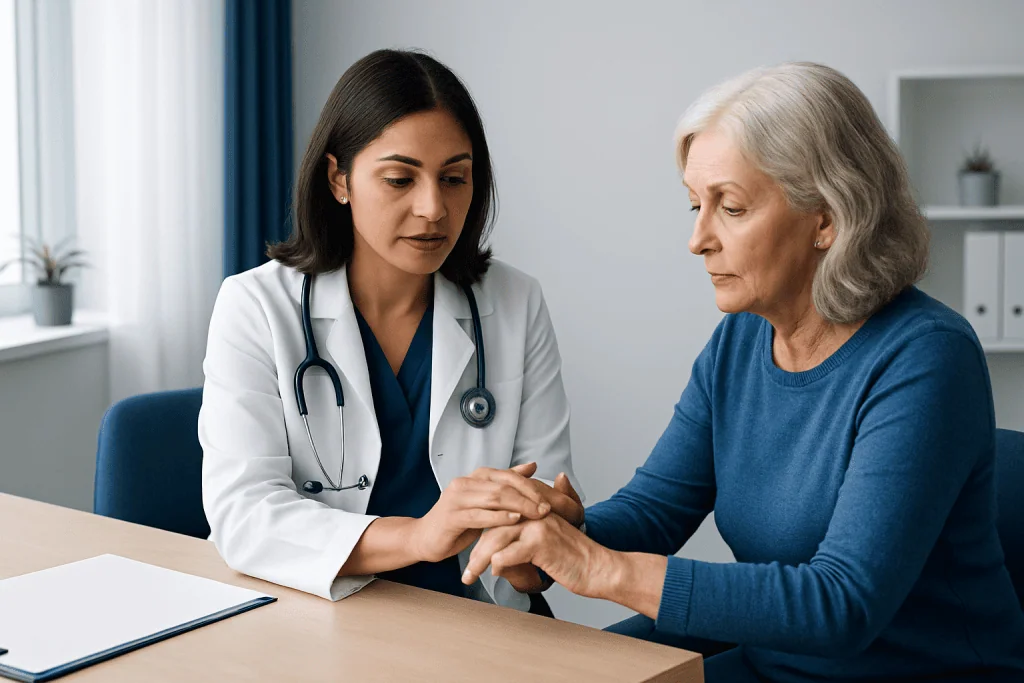 Doctor comforting elderly woman during medical consultation at clinic.