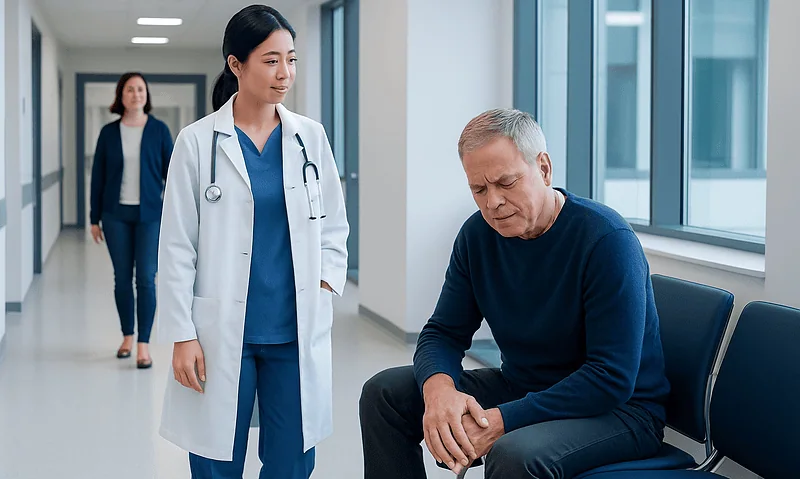 Doctor talking to a patient in a hospital corridor with a nurse in the background.
