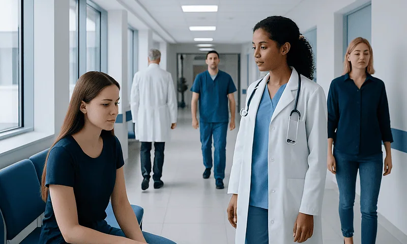 Medical professionals and patient in hospital corridor at Acibadem Hospitals Group.