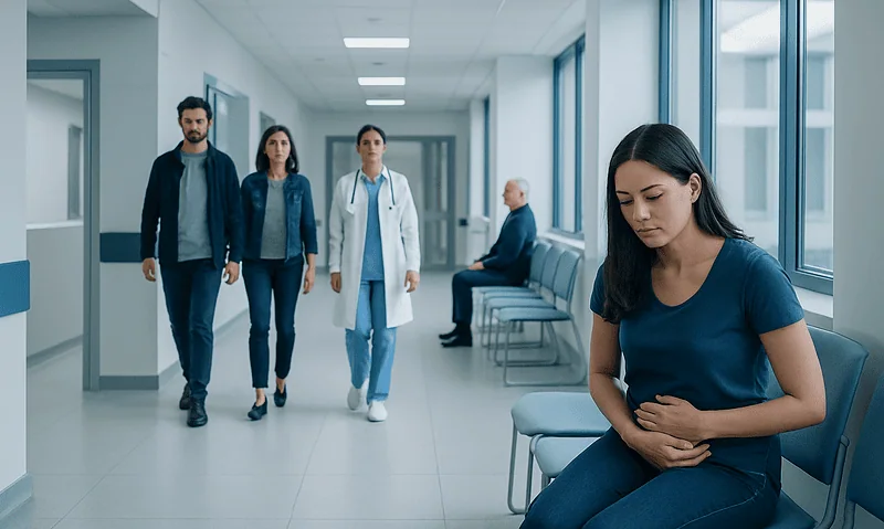 Young woman experiencing stomach pain in hospital corridor.