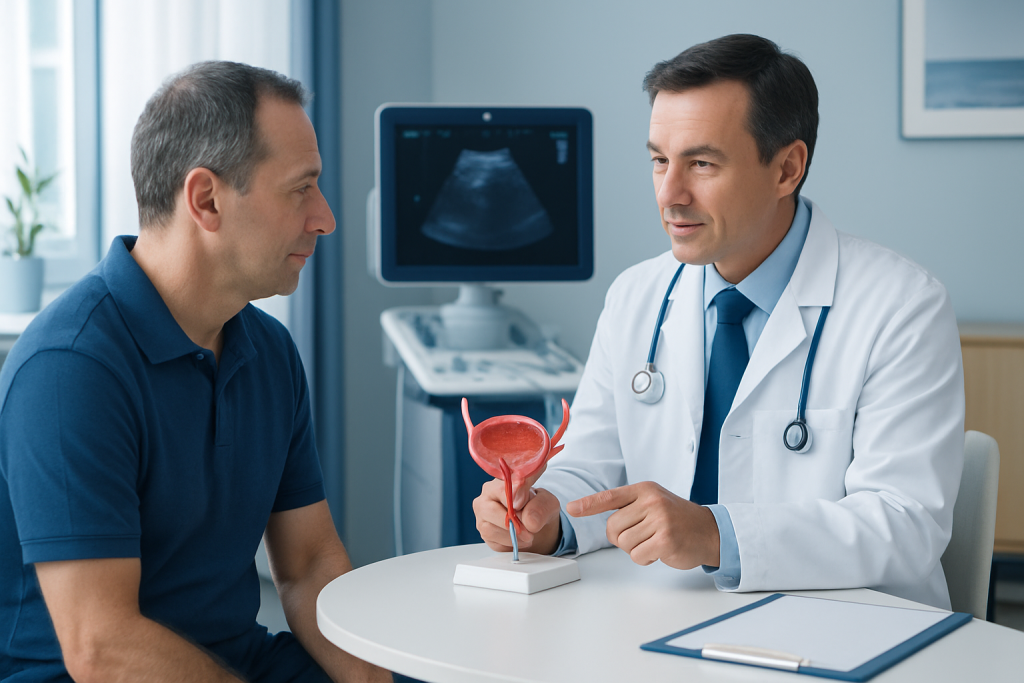 Urologist explaining bladder health to patient in clinic setting.