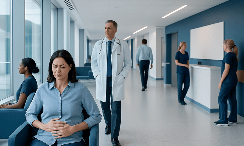 How to Get Unbloated in 5 Minutes? A Doctor-Reviewed Answer 6 Patient experiencing abdominal discomfort in hospital waiting area.