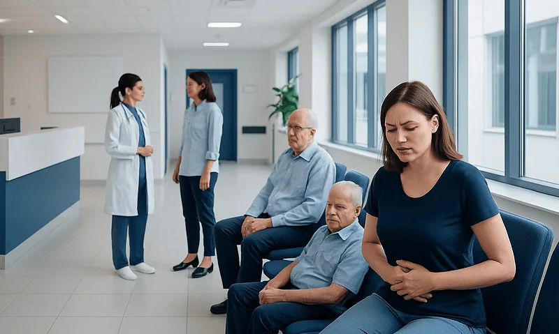 Patients experiencing discomfort in a hospital waiting area with medical staff nearby.