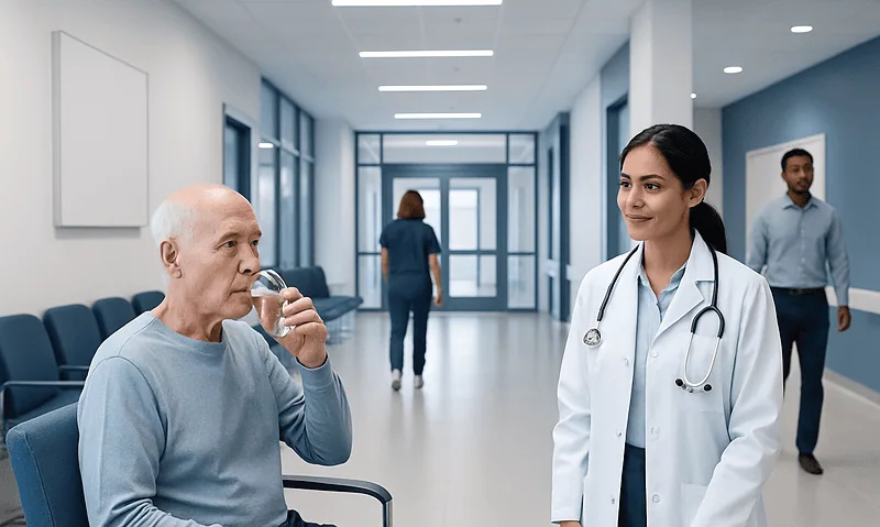 Patient drinking water in hospital corridor with doctor nearby.