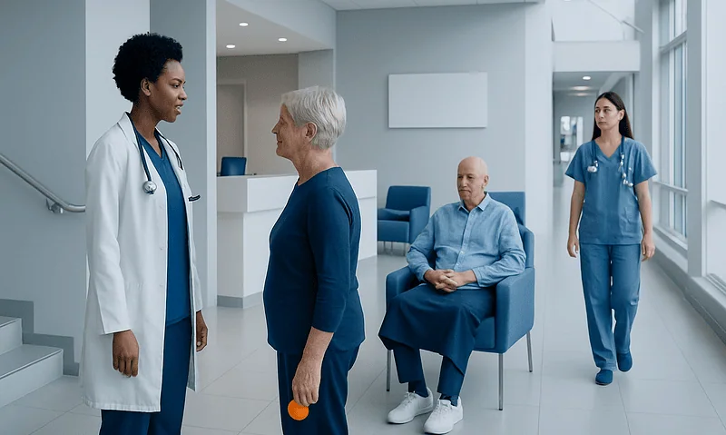 Healthcare professionals and patient in hospital corridor at Acibadem Hospitals Group.
