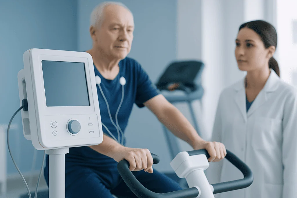 Elderly man undergoing cardiac rehabilitation with medical staff assistance.