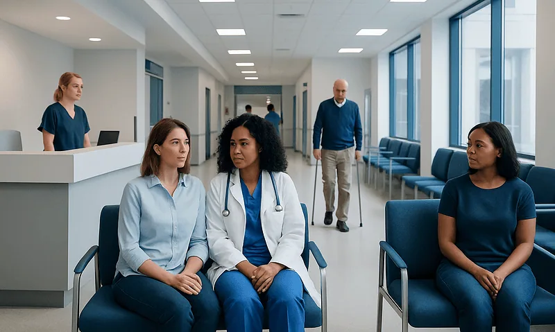 Hospital waiting area with patients and medical staff.