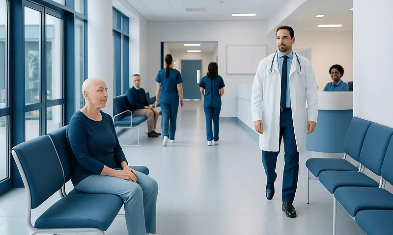 Patients waiting in a modern hospital corridor with medical staff nearby.