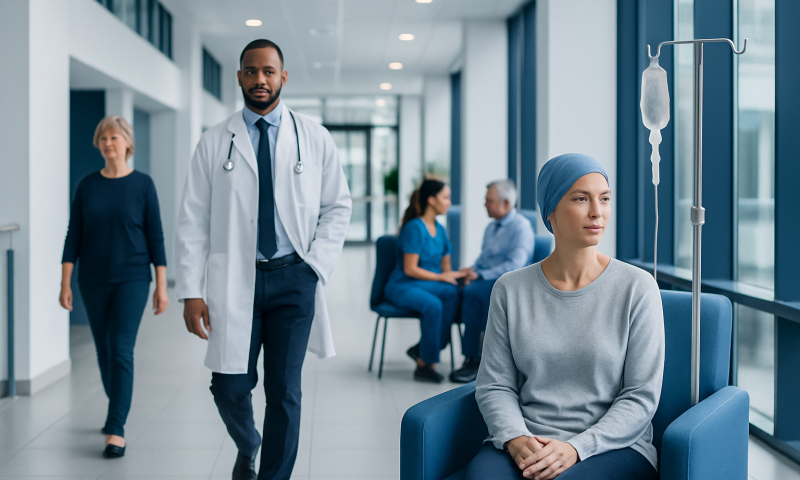 Patient receiving chemotherapy treatment in a hospital corridor.