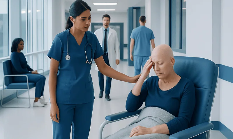 Nurse comforting a patient in a hospital corridor with other staff and patients nearby.