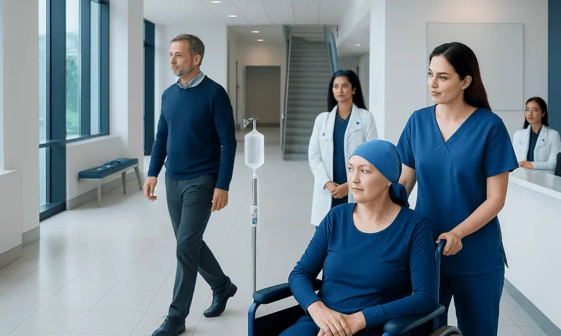 Patient receiving chemotherapy treatment in hospital corridor with medical staff nearby.
