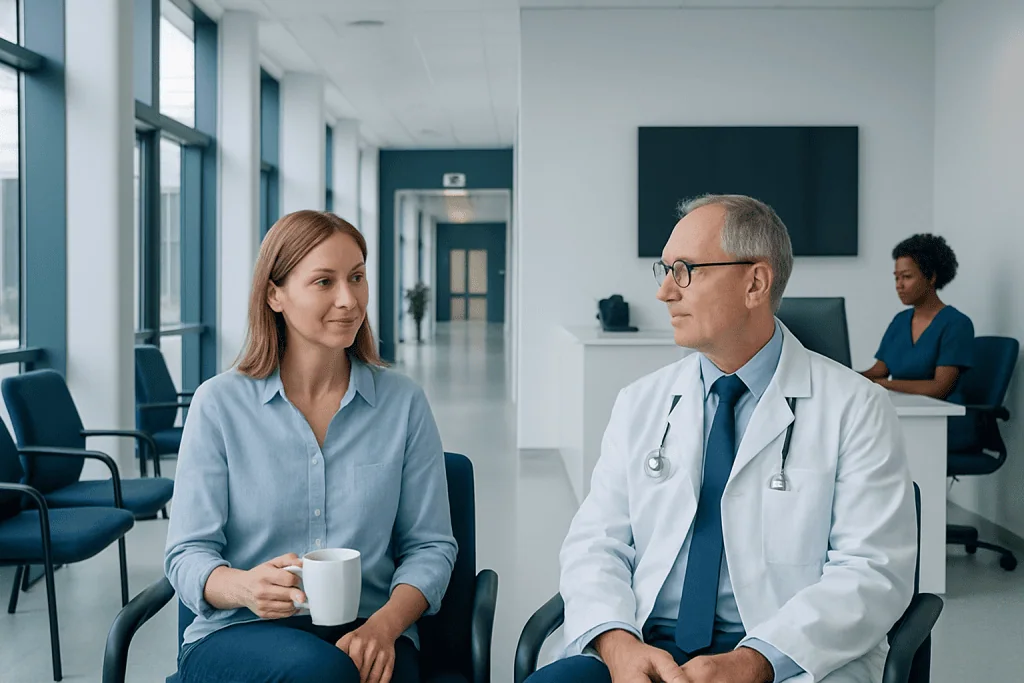 Can I Drink Coffee 30 Minutes After Taking Thyroid Medication? Here Is What the Evidence Says 1 Doctor consulting with a patient in a modern hospital waiting area.