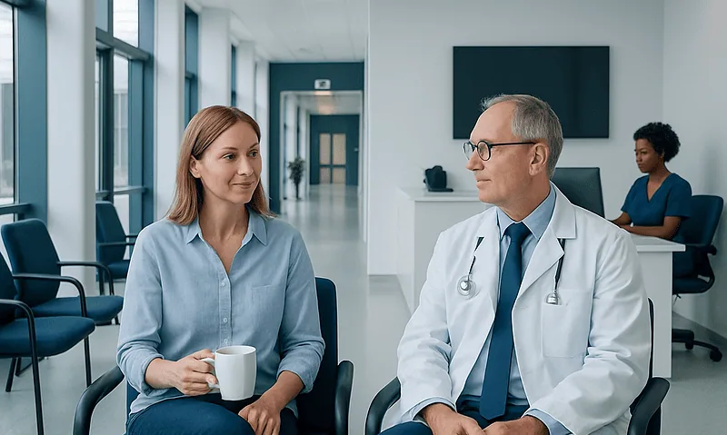 Doctor consulting with a patient in a modern hospital waiting area.