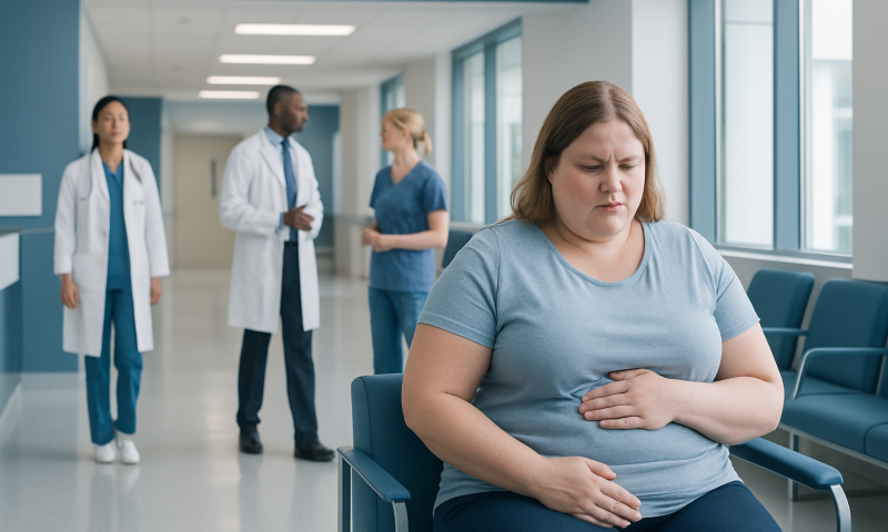 Woman experiencing abdominal discomfort in hospital corridor with medical staff nearby.