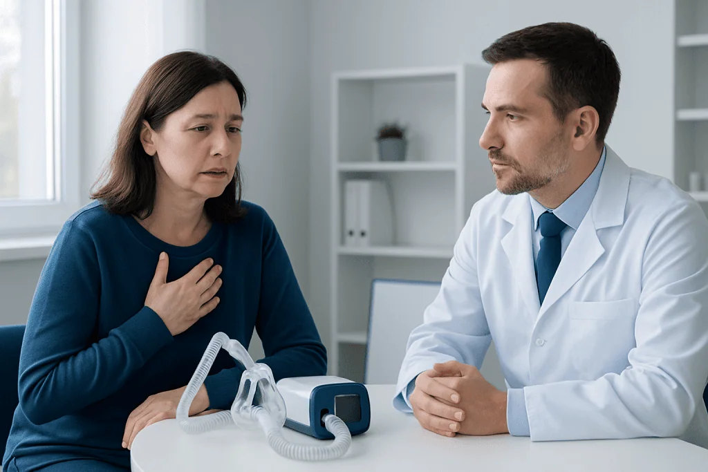 Patient experiencing discomfort during sleep consultation with doctor.