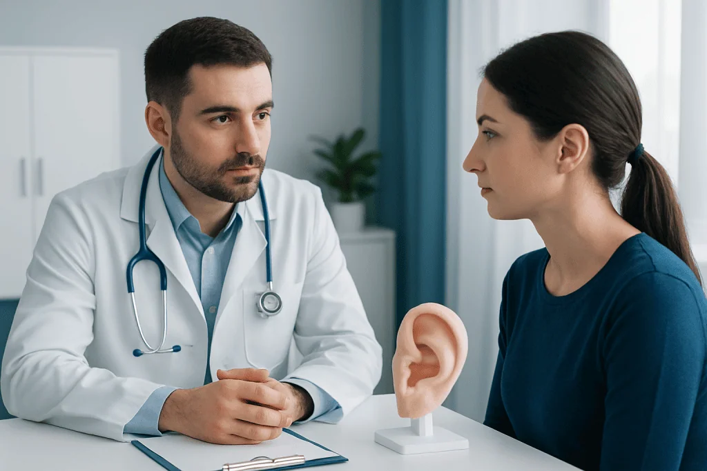 Doctor consulting with patient about ear cartilage damage treatment.