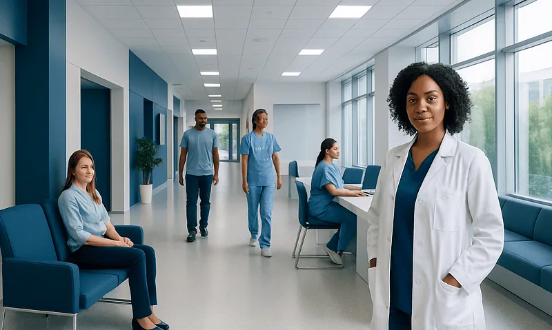Medical team in a modern hospital corridor with a doctor in the foreground.