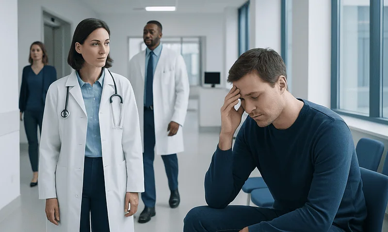 Patient experiencing memory issues in a hospital setting with medical staff nearby.