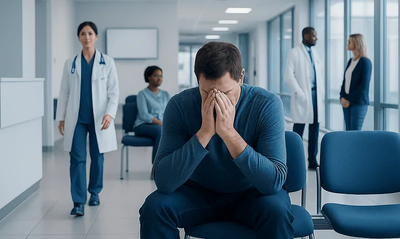 Man distressed in hospital waiting area with medical staff in background.