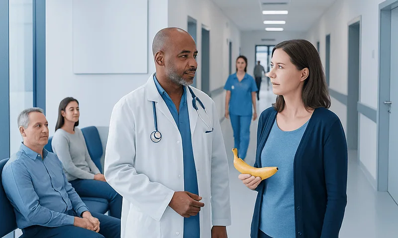 Doctor talking to a woman holding a banana in a hospital corridor.
