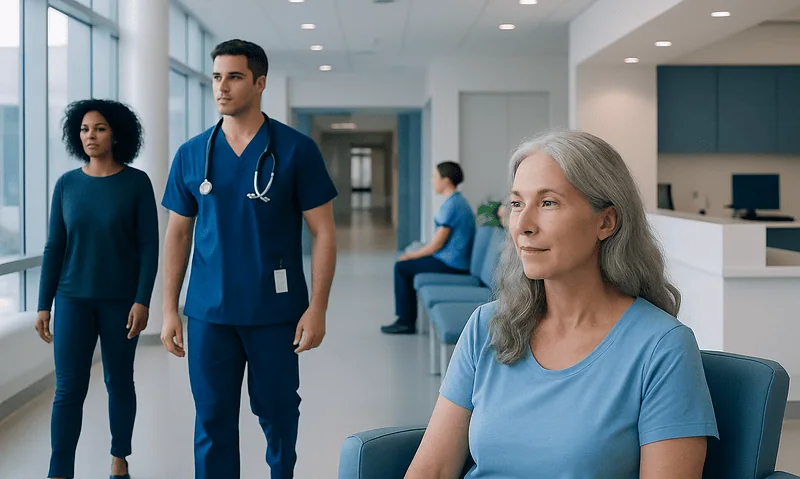 Healthcare professionals and patient in a modern hospital corridor.