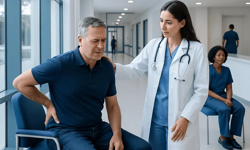 Doctor examining a patient with back pain in a hospital corridor.