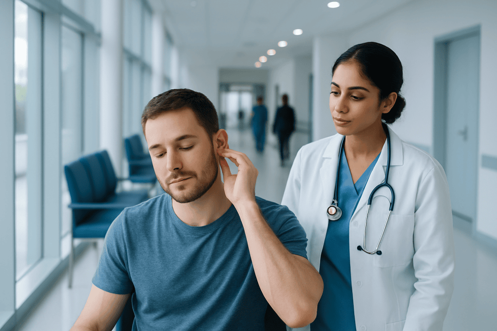 How to Massage Ear Wax Out? Causes, Explanations, and Next Steps 1 Doctor examining a patient's ear in a modern hospital corridor.