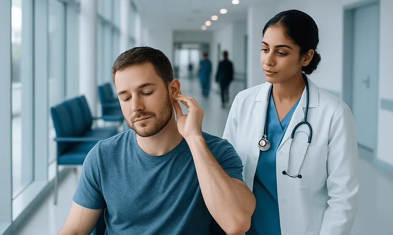Doctor examining a patient's ear in a modern hospital corridor.