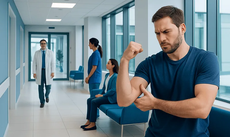 Young man flexing arm muscle in hospital corridor.