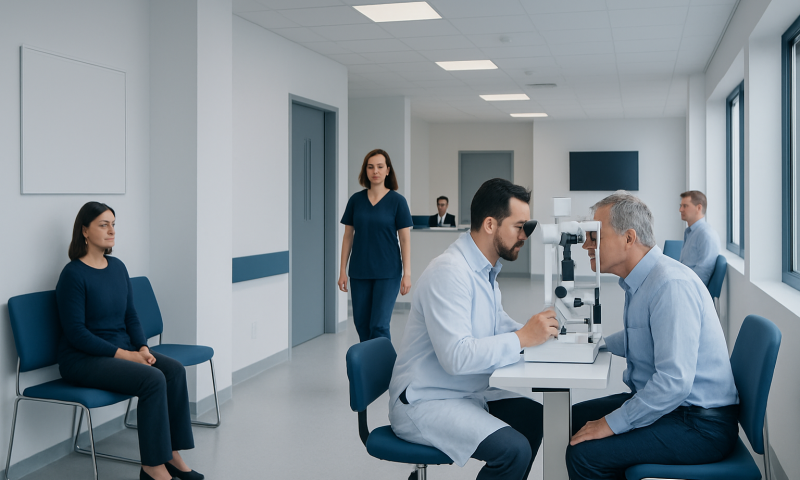 Optometry consultation at Acibadem Hospital with doctor and patient.