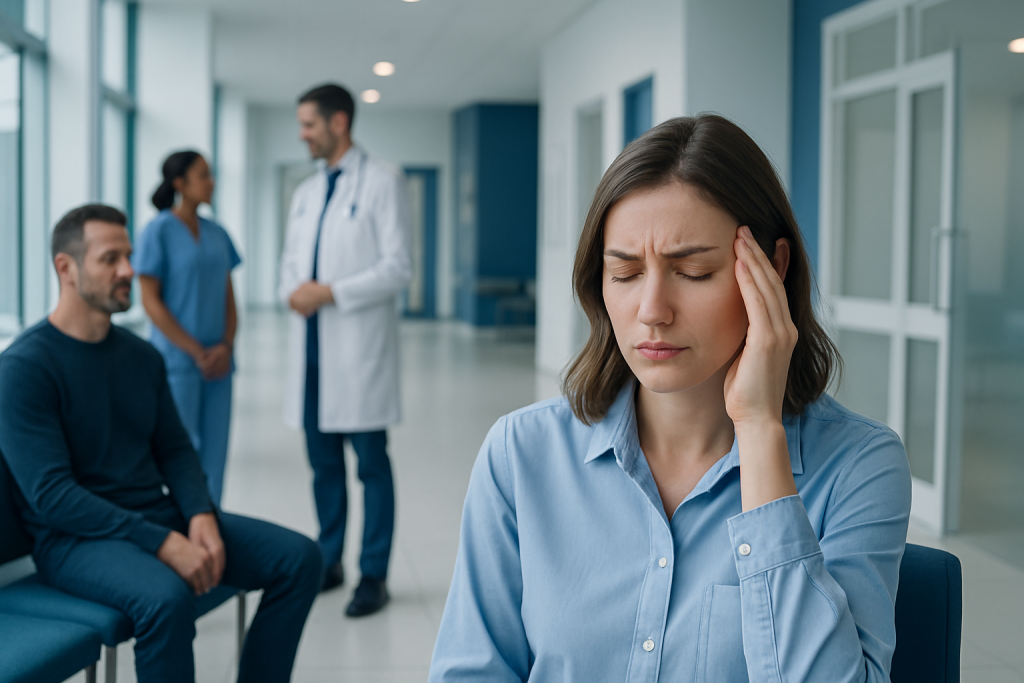 Can Gluten Cause Headaches? A Doctor-Reviewed Answer 1 Woman experiencing headache in a hospital waiting area with medical staff nearby.