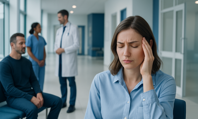 Woman experiencing headache in a hospital waiting area with medical staff nearby.