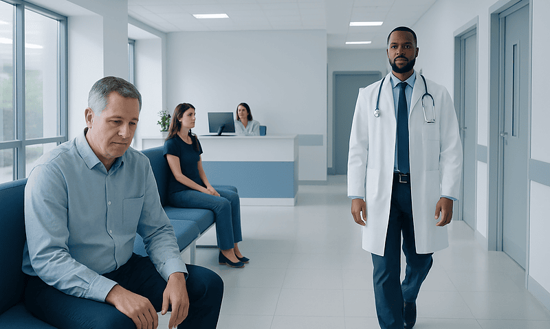 Doctor with patients in a hospital waiting area.