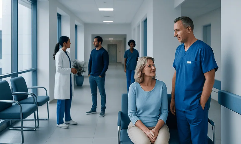 Hospital corridor with medical staff and a patient in a wheelchair.