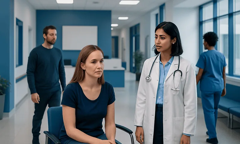 Doctor consulting a patient in a hospital corridor at Acibadem Hospitals Group.
