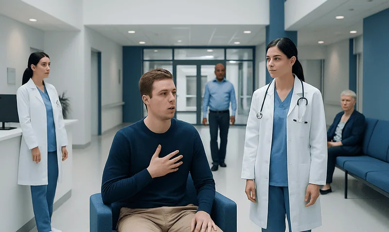 Patient consulting with doctor in hospital corridor with medical staff nearby.