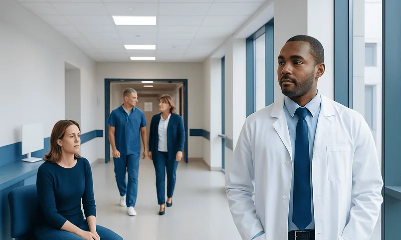 Medical consultation in hospital corridor with doctor and patients.