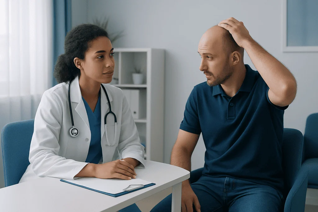Doctor consulting with male patient in a medical office.
