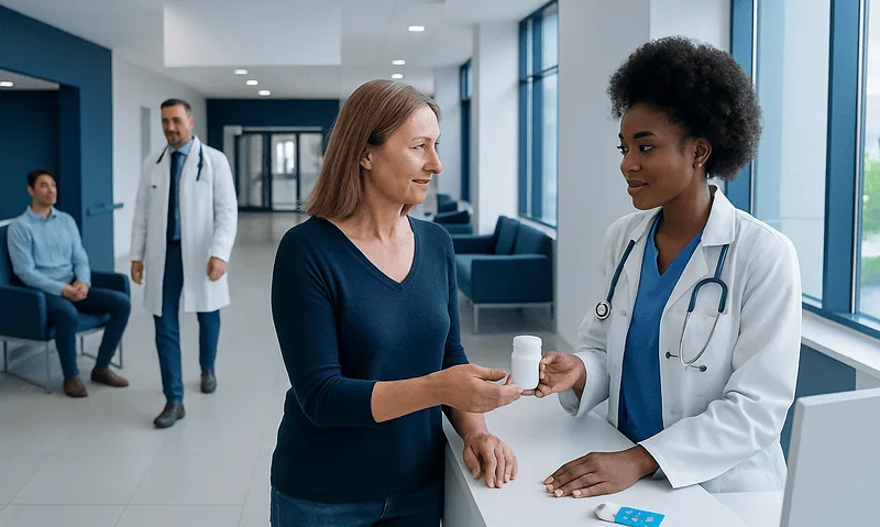 Patient receiving medication from a healthcare professional at a hospital.
