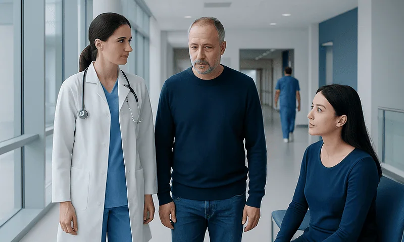 Doctor and patient discussing health in hospital corridor.