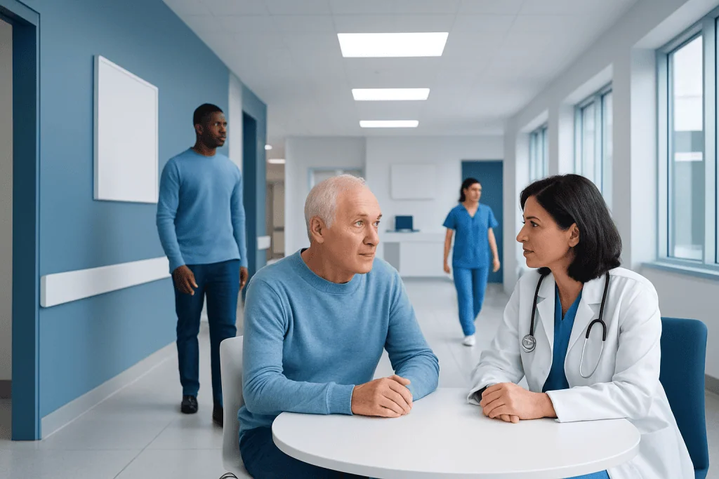Can I Eat Eggs after Prostate Surgery: Procedure, Recovery and Results 1 Patient consulting with doctor in hospital corridor.