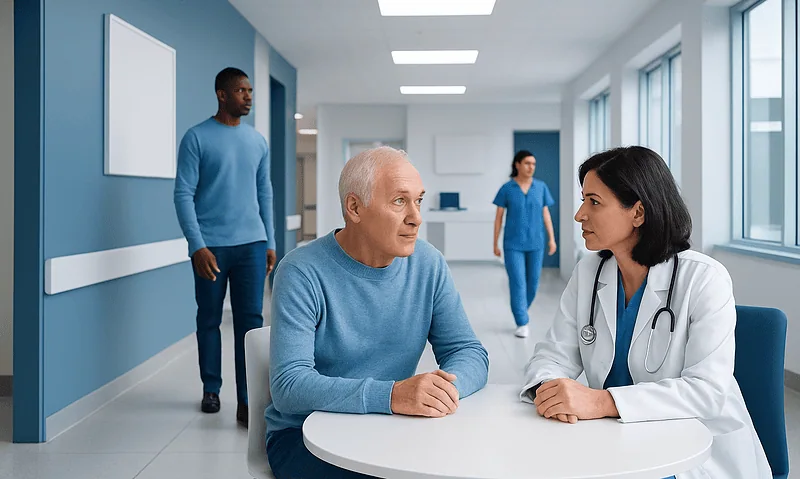 Patient consulting with doctor in hospital corridor.